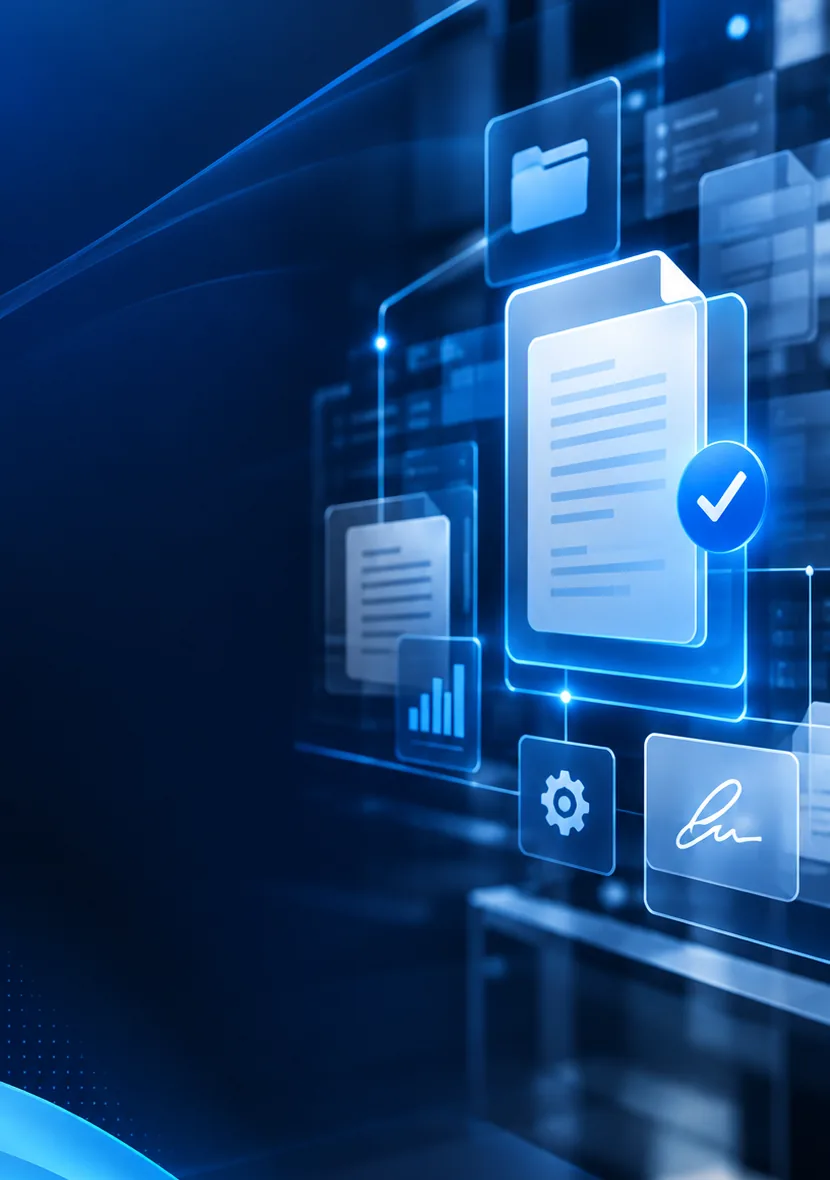 Digital documents, a signature and a verified file floating over a blue interface